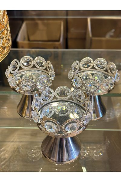 LeesHome 3 Pieces Silver Mini Stones Turkish Delight Cup - Decorative Silver Finish, 3-Piece Luxury Macarons Set, Coffee Side Presentation
