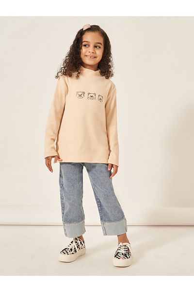 Styli Bear Print Mock Neck Long Sleeve T-Shirt