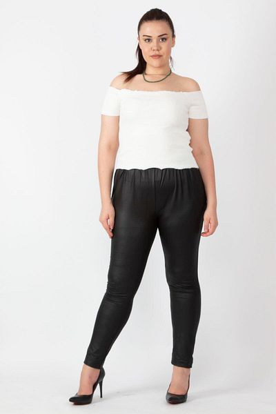Şans Women's Large Size Black Leather Look Elastic Waist Leggings Trousers 65n16748