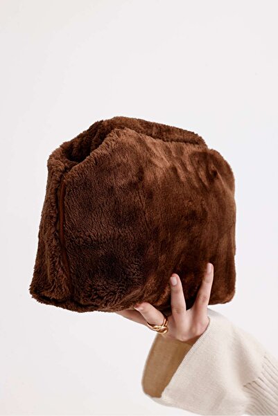 HEYBE'S Heybes Kadın Koyu Kahverengi Peluş Teddy Clutch Çanta