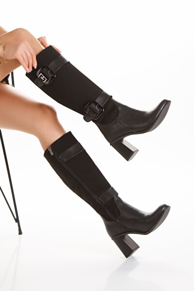 UĞURÖKÇE Cizme de damă din piele intoarsa neagra cu catarama si fermoar