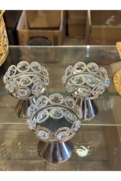 LeesHome 3 Pieces Silver Mini Stones Turkish Delight Cup - Decorative Silver Finish, 3-Piece Luxury Macarons Set, Coffee Side Presentation