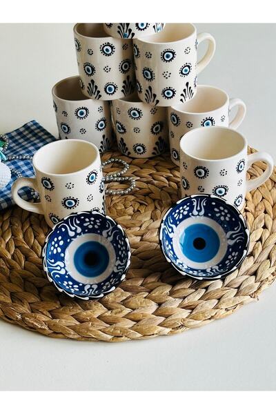 Den Tasarım Hediyelik Nazar Boncuğu Anneler Günü Özel 2li Çay Kahve Kupa Ve Lokumluk Kase