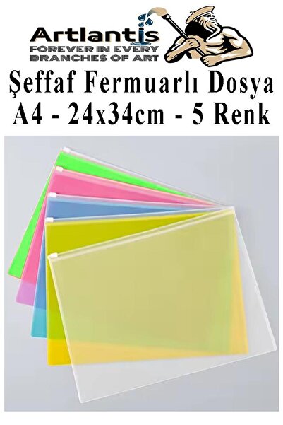 Artlantis A4 Şeffaf Fermuarlı Dosya 5 Renk 1 Paket PvC Fermuarlı Evrak Dosyası 24x34cm Çıtçıtlı Belge Evrak Do