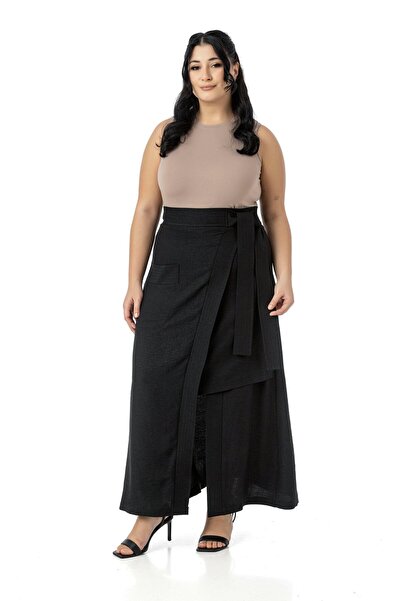 DISENTIS MODEST Plus Size Front Slit Ornamental Lacing Detail Bag Pocket Black Midi Skirt