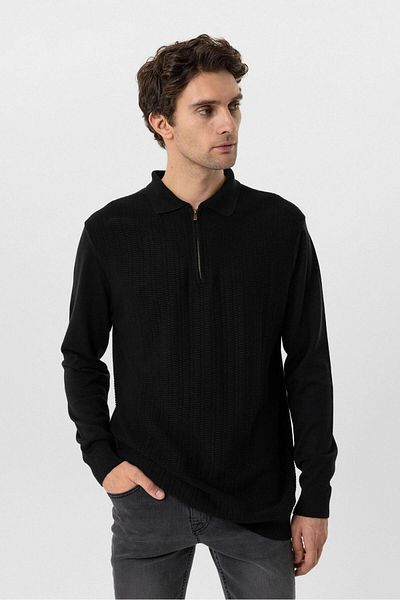 SÜVARİ Cavalry Comfortable Zippered Dobby Patterned Black Knitwear