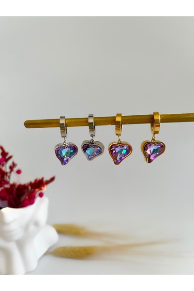Butik Mor Yansımalı Kalp Parlak Taş Silver Çelik Küpe