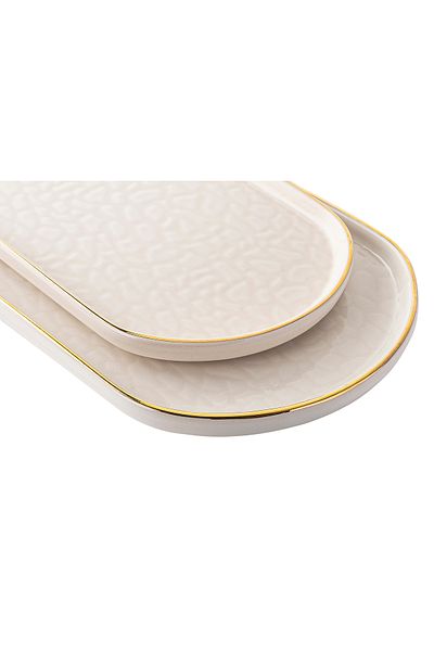 Tantitoni React Cream Color Gold Gilled Thin Ceramic Rectangular Presentation Plate 22cm