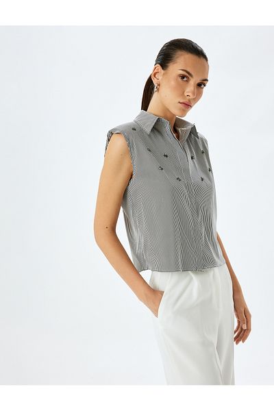 Koton Classic Neckline Beadwork Detailed Striped Sleeveless Shirt