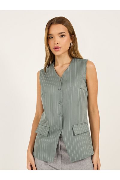 Styli Striped Longline Button Through V Neck Waistcoat