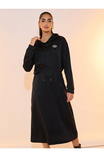 Take Two By Styli Solid Patch Detail Hooded Midi Dress