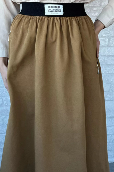 julude Camel Women's Pocket Zipper Waist Elastic Hijab Gabardine Skirt