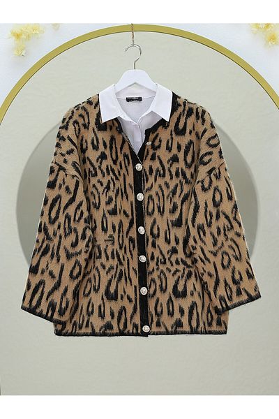 Modamorfo Leopard Print Soft Knitwear Cardigan - Mink
