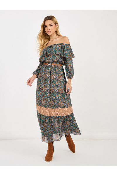 Styli All Over Print Off Shoulder A-Line Maxi Dress