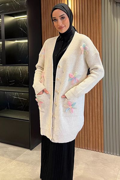 julude Cardigan din tricotaje hijab floral crem