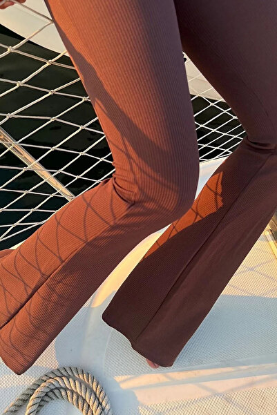 Swana Fitilli Çizgili Ispanyol Paça Yüksek Bel Dayanıklı Örme Kumaş Toparlayıcı Tayt Pantalon