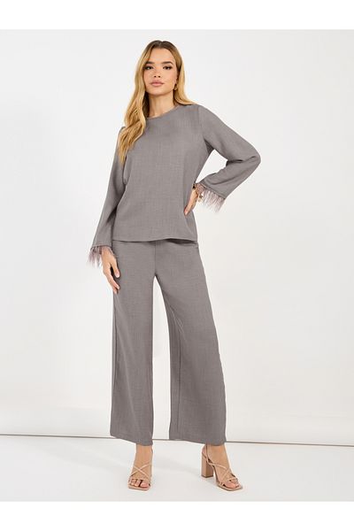 Styli Solid Top with feather trim Sleeves & Wide Leg Pants Co-Ords Set