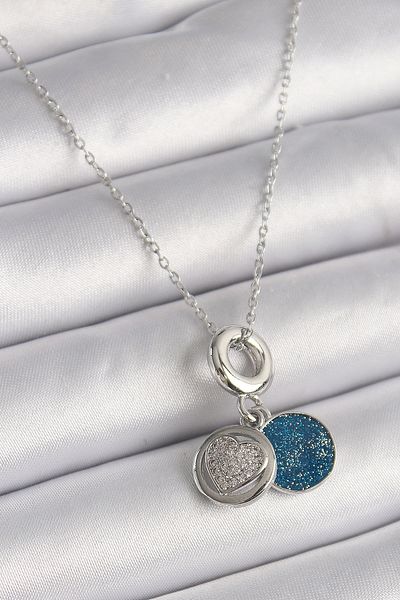 Mu Art Ahşap 316l steel silver color chain zircon stone processing blue glitter women's necklace