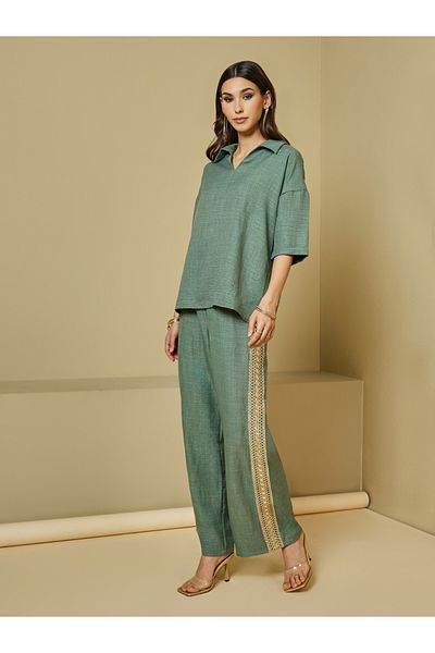 Styli Oversize Boxy Top with Wide Leg Pants with Lace Detail Co-Ords Set
