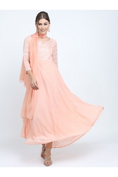 Vishudh By Styli Foil Print 3/4 Sleeves Ethnic Maxi Dress with Dupatta