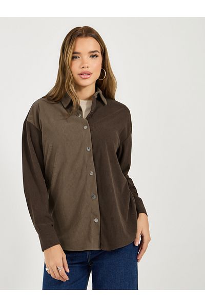 Styli Oversized Color Block Corduroy Button Up Shirt