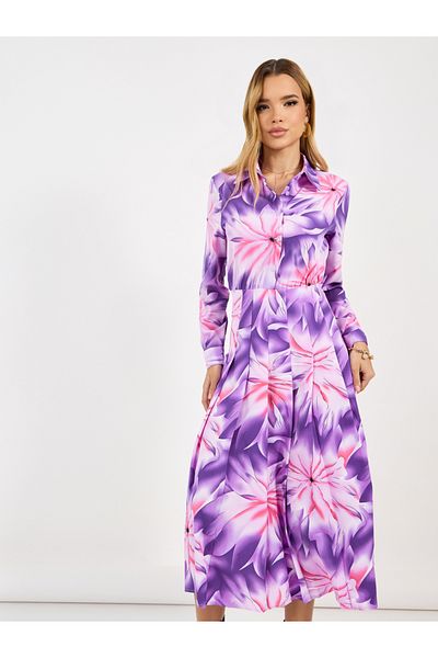 Styli Floral Print Long Sleeves Shirt Midi Dress