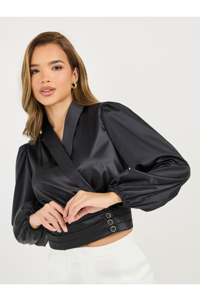 Styli بلوزة ملفوفة بأكمام منفوخة وياقة شال