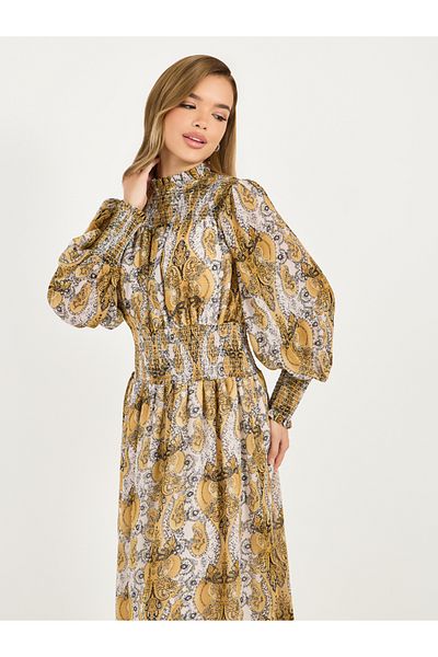 Styli All Over Print Balloon Sleeves A-Line Midi Dress