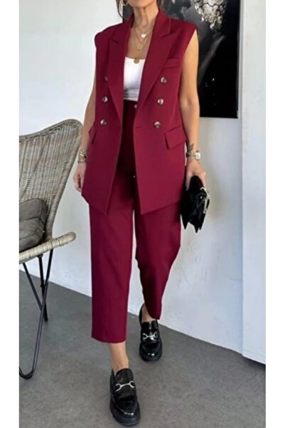 Selence Burgundy Blazer Vest and Trousers Set