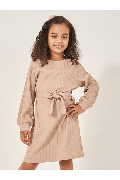 Styli Striped Knit Long Sleeves Dress with Tie-Up Belt