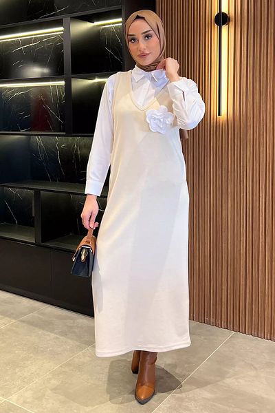 julude Πέτρινο Γυναικείο Πουκάμισο Hijab Gilet Συνδυαστικό Φόρεμα