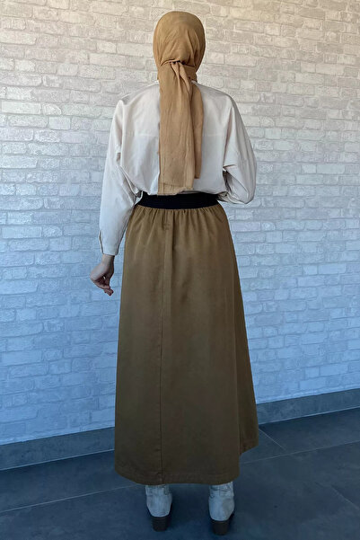 julude Camel Women's Pocket Zipper Waist Elastic Hijab Gabardine Skirt