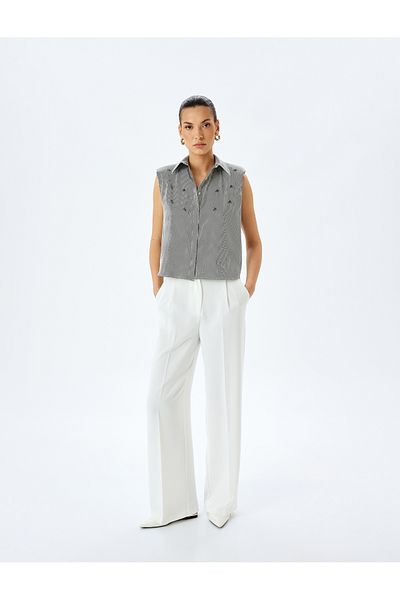 Koton Classic Neckline Beadwork Detailed Striped Sleeveless Shirt