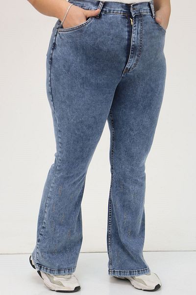 Eslina Τζιν παντελόνι 9203 Plus Size με πέτρινη λεπτομέρεια και ζώνη - μπλε