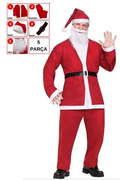 Parti Kırtasiye Red Fleece Adult Santa Claus Costume - Happy New Year Outfit