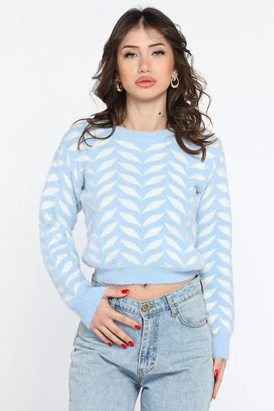 GÜLSELİ Pulover de damă din tricotaje croptop din fire moale cu model albastru