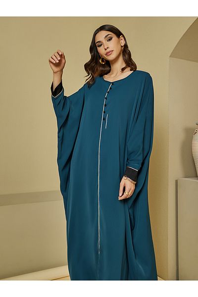 Styli Round Neck Batwing Sleeves Jalabiya with Piping Detail