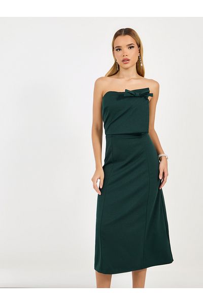 Styli Bardot Neck A-Line Midi Dress with Bow Detail