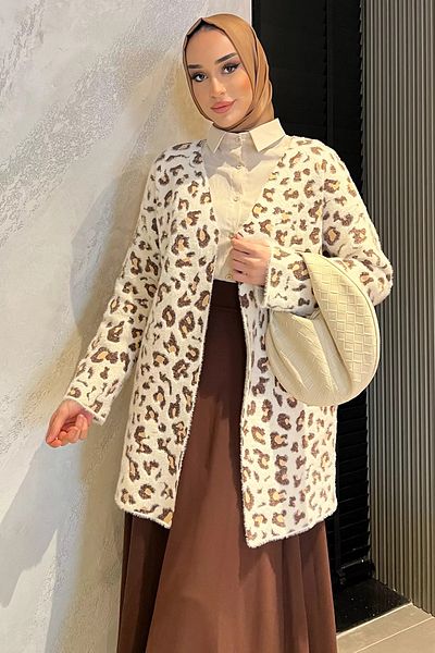 julude Cardigan din tricot hijab cu barbă cu model leopard crem