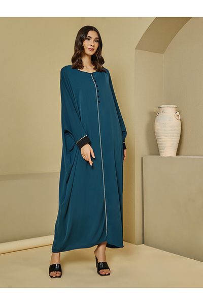 Styli Round Neck Batwing Sleeves Jalabiya with Piping Detail