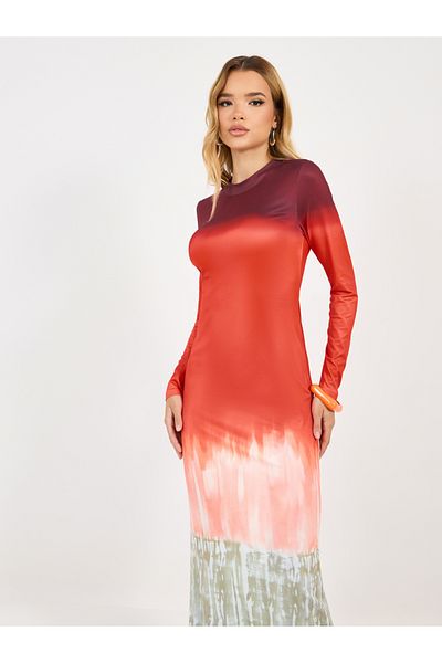 Styli Color Block Printed Long Sleeves Bodycon Maxi Dress
