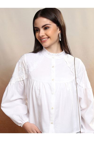 Vishudh By Styli Floral Embroidered Mandarin Collar Shirt Style Top