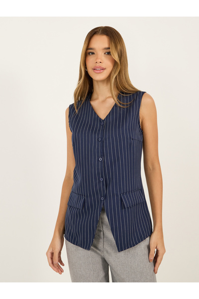 Styli Striped Longline Button Through V Neck Waistcoat