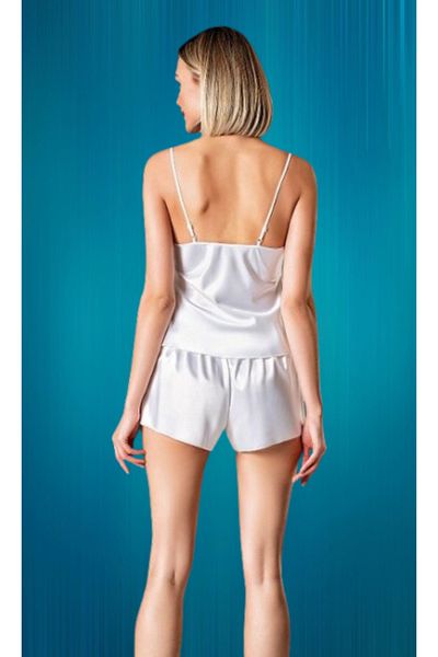 Cooqpoo Set de pijamale din satin alb, mărimea S-M-L-XL, cu pantaloni scurți cu bretele subțiri din dantelă