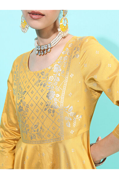 Vishudh By Styli Foil Panel Print 3/4 Sleeves A-Line Ethnic Maxi Dresses