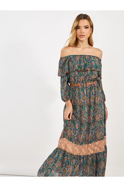 Styli All Over Print Off Shoulder A-Line Maxi Dress