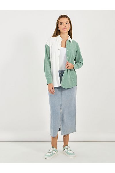 Styli Oversized Color Block Corduroy Button Up Shirt
