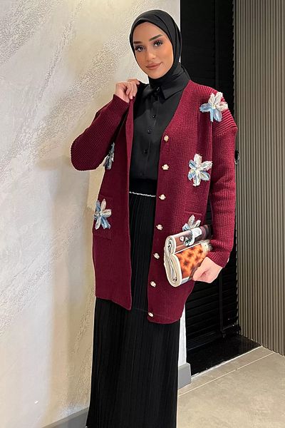 julude Claret Red Floral Hijab Knitwear Ζακέτα