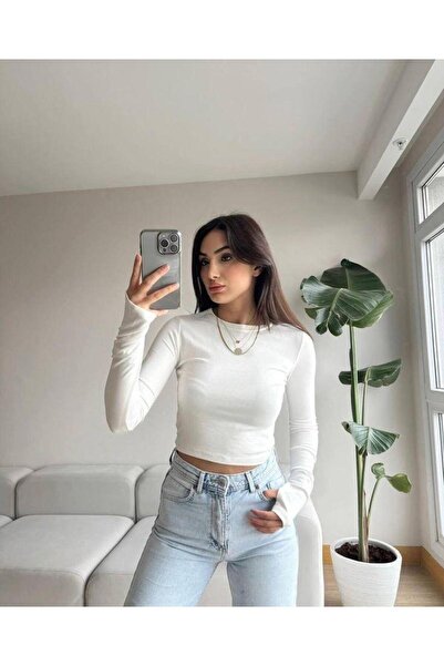 Butik Kadın Beyaz Bisiklet Yaka Uzun kollu Crop Bady