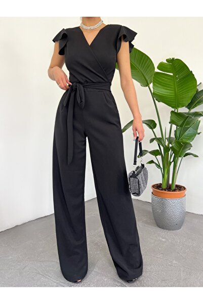 Modamorfo Ruffled Jumpsuit with Zipper Detail - Black